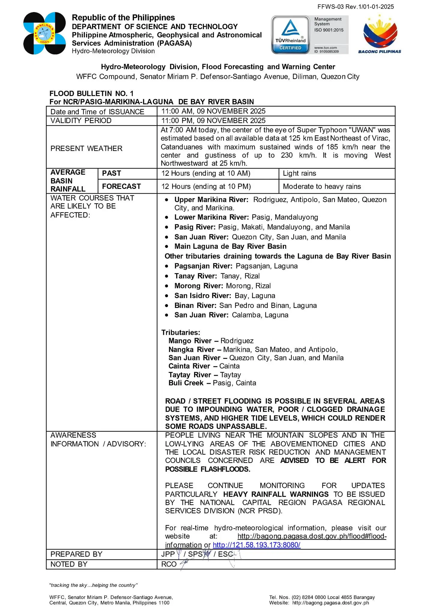 Official PAGASA Flood Bulletin No. 1 for the NCR/Pasig-Marikina-Laguna De Bay River Basin, issued November 9, 2025, detailing weather from Super Typhoon 'UWAN', forecasting moderate to heavy rains, and advising on potential flashfloods and affected water courses.