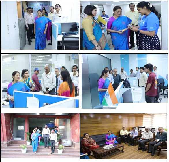 A collage of six images showing various activities. The top-left image features a woman in a blue saree walking through an office with several people. The top-right image shows the same woman in a blue saree interacting with a young woman in a blue t-shirt. The middle-left image depicts the woman in the blue saree in an office setting, surrounded by several individuals. The middle-right image shows the woman in the blue saree standing near a desk with an Indian flag and speaking to a young man, while others are present. The bottom-left image shows the woman in the blue saree walking out of a building with several other people. The bottom-right image shows the woman in the blue saree seated on a couch in a room with other people, some of whom are also seated on couches.