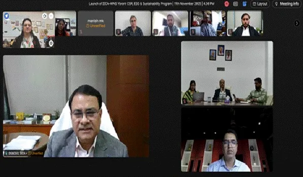 A multi-panel video conference displaying multiple participants in a virtual meeting discussing the "Launch of EICA-VIVANT Vibrant CSR, ESG & Sustainability Program.