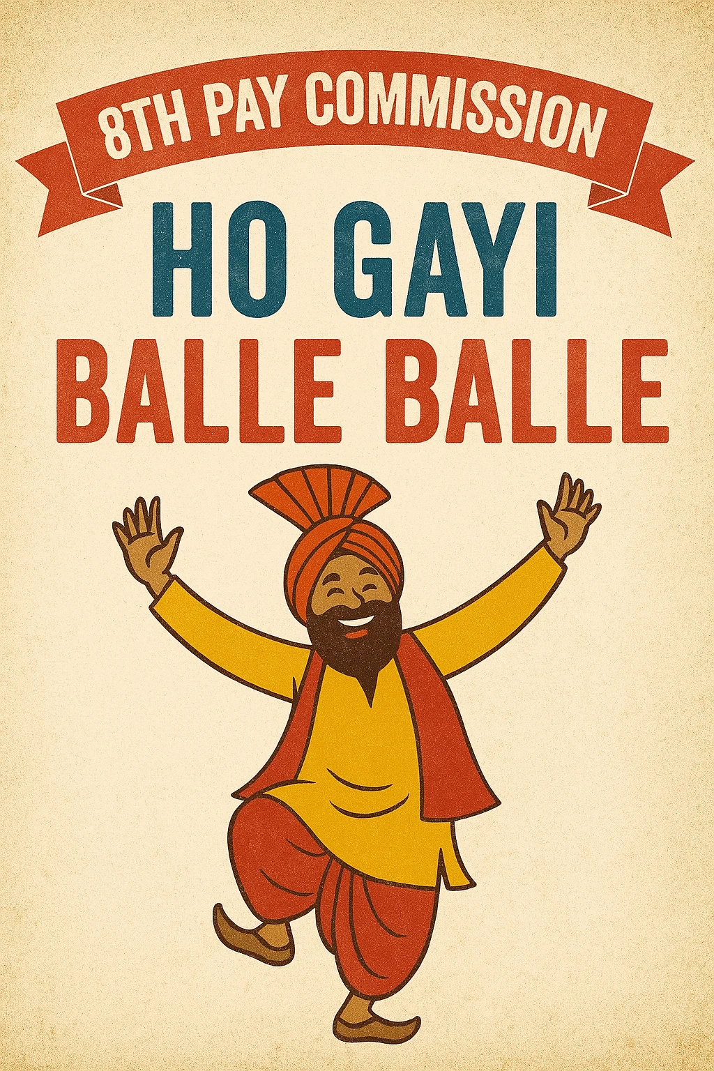 An illustration celebrating the 8th Pay Commission, showing a joyful man in traditional attire dancing.