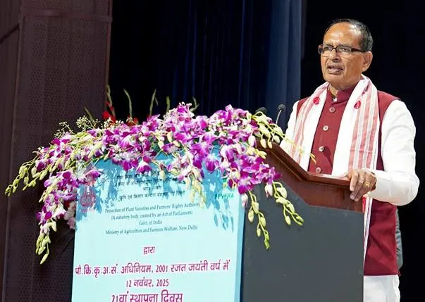 Shivraj Singh Chouhan speaking at a podium with purple and white flowers in front, at an event celebrating the 21st Establishment Day of PPV&FRA in New Delhi on November 12, 2023.