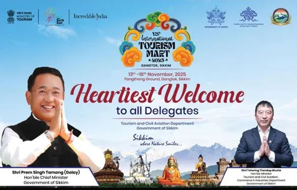 Two men, Shri Prem Singh Tamang (Golay) and Shri Tshering Thendup Bhutia, are featured on a promotional banner for the 13th International Tourism Mart 2023 in Gangtok, Sikkim, scheduled for November 13-16, 2023. The banner includes the event logo and images of religious statues.