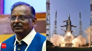 A split image showing Dr. S. Somanath, Chairman of ISRO, on the left, and a rocket launching with smoke and fire from a launchpad on the right.
