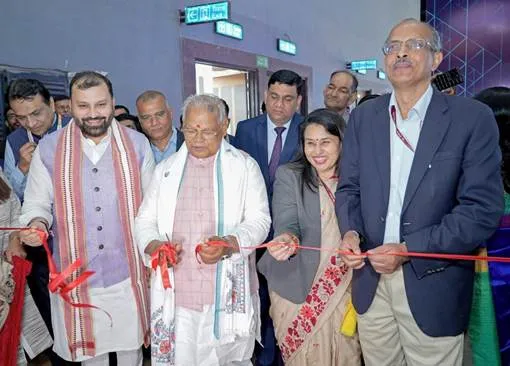 Union Minister of MSME Shri Jitan Ram Manjhi, Minister of State Sushri Shobha Karandlaje, and other dignitaries cutting a red ribbon at the inauguration ceremony for the MSME, KVIC, COIR, and NSSH Pavilions at the 44th India International Trade Fair.