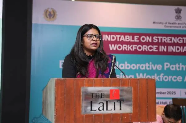Ms. Akanksha Ranjan, Deputy Secretary (Nursing & Dental), Ministry of Health and Family Welfare, delivers a keynote address at a roundtable discussion in India.