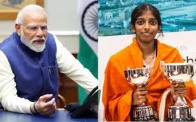 A split image showing Indian Prime Minister Narendra Modi on the left and a young Indian woman holding two trophies on the right.