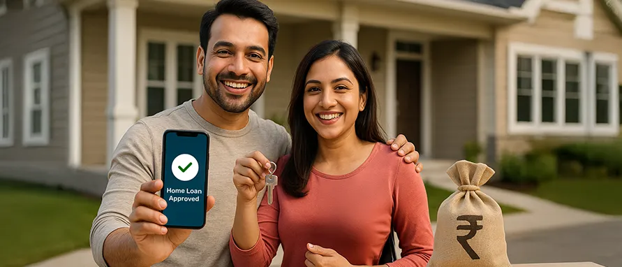 A smiling Indian couple stands outdoors in front of a modern house. The man holds a smartphone displaying "Home Loan Approved" with a green checkmark, while the woman holds house keys. A burlap sack with a rupee symbol is on the right.