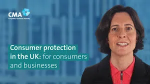 Sarah Cardell, Chief Executive of the CMA, speaks directly to the camera, with the CMA logo and text 'Consumer protection in the UK: for consumers and businesses' on a blue background to her left.