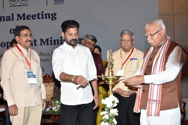 Union Minister Manohar Lal and Telangana CM Revanth Reddy lighting a ceremonial lamp at the second regional meeting of Urban Development Ministers in Hyderabad.