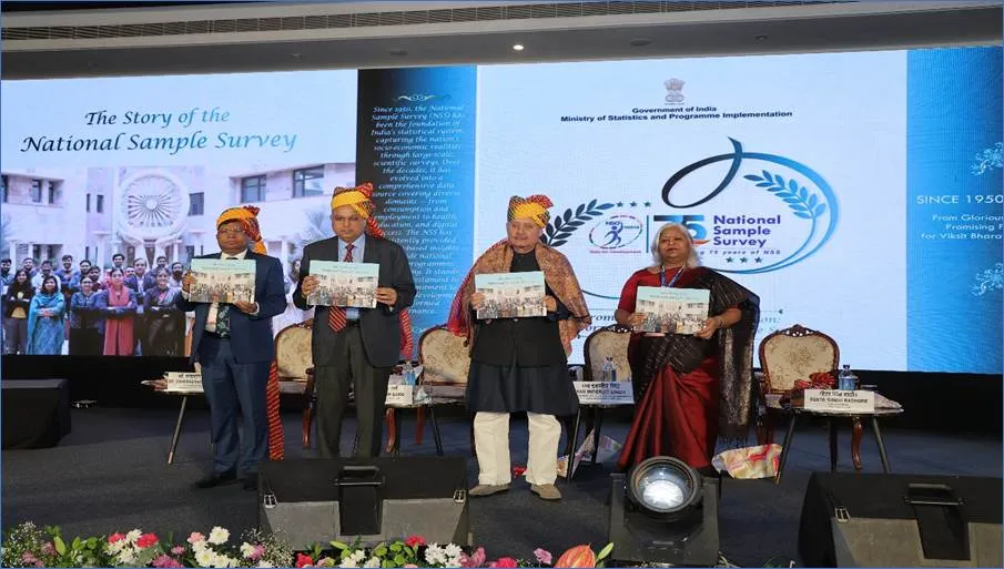 Union Minister Rao Inderjit Singh and MoSPI officials holding copies of 'The Story of the National Sample Survey' coffee table book during the NSS 75th anniversary culmination ceremony in Udaipur.