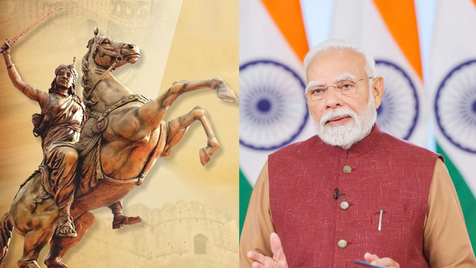 Composite image featuring a bronze statue of Rani Lakshmibai on horseback wielding a sword on the left, and Prime Minister Narendra Modi addressing the nation with Indian flags in the background on the right.