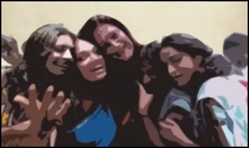 Stylized illustration of four smiling transgender women embracing in a group hug, representing community solidarity and joy.