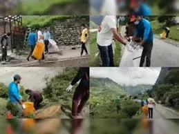 Collage showing volunteers collecting waste and cleaning roadsides in rural India as part of the Swachh Bharat Mission to achieve ODF Plus status.