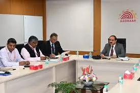 UIDAI CEO Sh. Bhuvnesh Kumar and officials presiding over a stakeholder meeting regarding the new Aadhaar App and offline verification ecosystem.