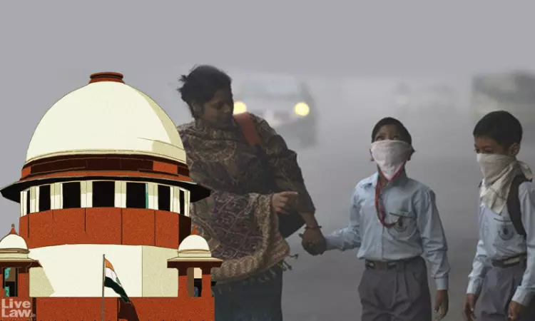 Composite image showing an illustration of the Supreme Court of India on the left and children wearing face masks walking through dense smog in Delhi NCR on the right.