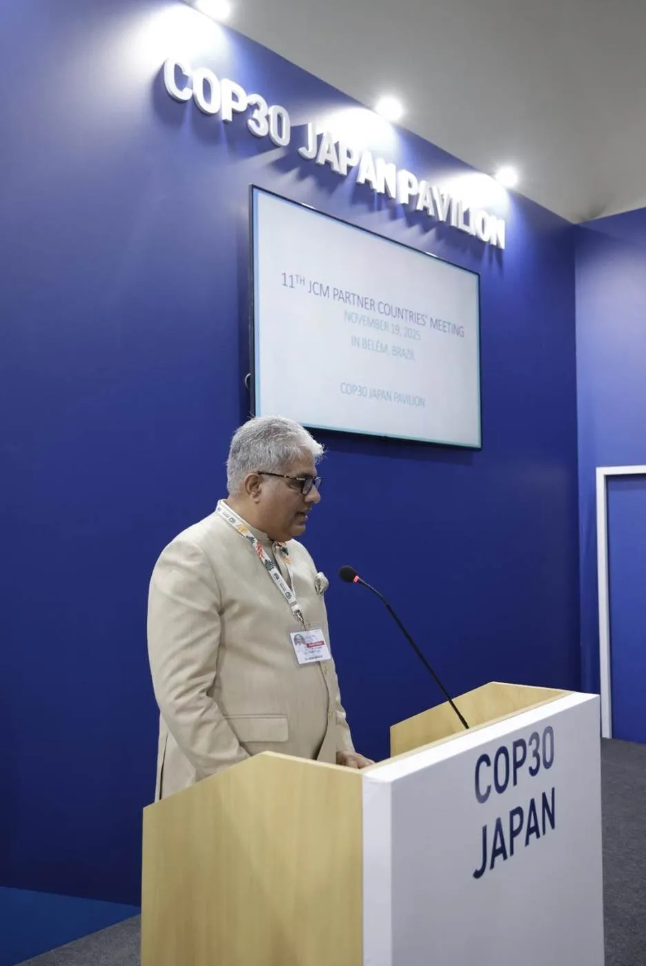 Union Minister Bhupender Yadav addressing the 11th JCM Partner Countries' Meeting at the COP30 Japan Pavilion in Belém, Brazil.