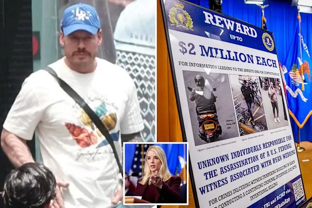 Composite image showing fugitive Ryan James Wedding in a white shirt and blue cap on the left, and an official reward poster offering $2 million for unknown assassins linked to him on the right, with an inset of an official speaking