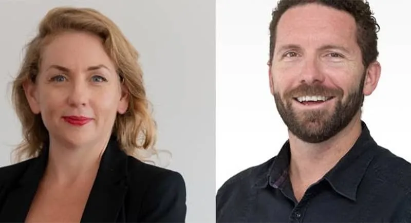ABC Perth radio hosts Nadia Mitsopoulos (left) and Mark Gibson (right) smiling against a plain background.