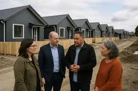 Housing Minister Chris Bishop and community representatives standing in front of a row of newly built grey social housing units with wooden fences in Hawke's Bay.