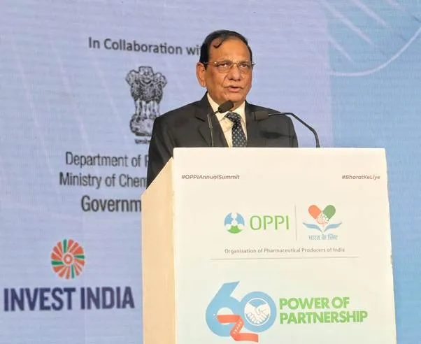 NITI Aayog Member Dr. V.K. Paul delivering an address at the podium during the 60th OPPI Annual Summit 2025 in New Delhi, with the Power of Partnerships logo in the background.