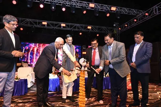 MoS Defence Sanjay Seth and CMPDI officials lighting a ceremonial lamp during the 51st Foundation Day celebrations in Ranchi.