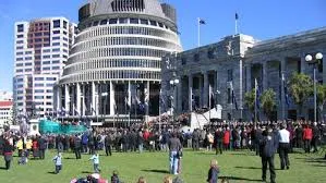 View of the New Zealand Parliament buildings, including the Beehive and Parliament House, with a crowd gathered on the front lawn in Wellington under a clear blue sky.