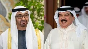 Composite image featuring UAE President Sheikh Mohamed bin Zayed Al Nahyan on the left and Bahrain's King Hamad bin Isa Al Khalifa on the right, both in traditional attire.