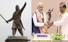 Split image featuring the massive Statue of Valor of Lachit Borphukan on the left, and Prime Minister Narendra Modi receiving a miniature replica of the statue from Assam Chief Minister Himanta Biswa Sarma on the right.