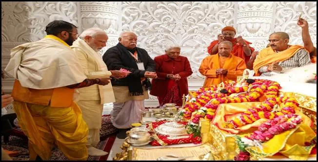 Prime Minister Narendra Modi, RSS Chief Mohan Bhagwat, Uttar Pradesh CM Yogi Adityanath, and Governor Anandiben Patel offering floral tributes to the idol of Ram Lalla during the consecration ceremony at the Ram Mandir in Ayodhya.