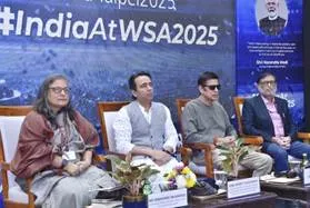 Union Minister Jayant Chaudhary, MSDE Secretary Debashree Mukherjee, actor Sudesh Berry, and an official seated on stage in front of a banner reading #IndiaAtWSA2025 during the send-off ceremony.