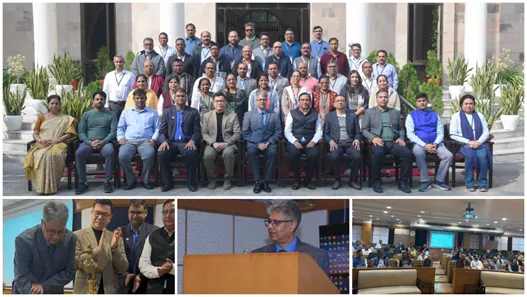 A photo collage featuring a group portrait of newly promoted EPFO Assistant Commissioners at PDUNASS, Director Kumar Rohit lighting a ceremonial lamp, delivering a keynote address at a podium, and officers attending a lecture session in an auditorium.