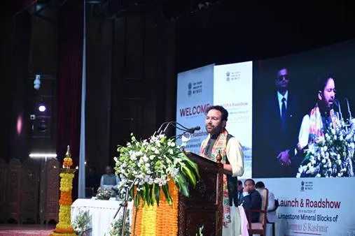 Union Minister G. Kishan Reddy addressing the audience during the launch of the first-ever limestone block auction in Jammu & Kashmir.