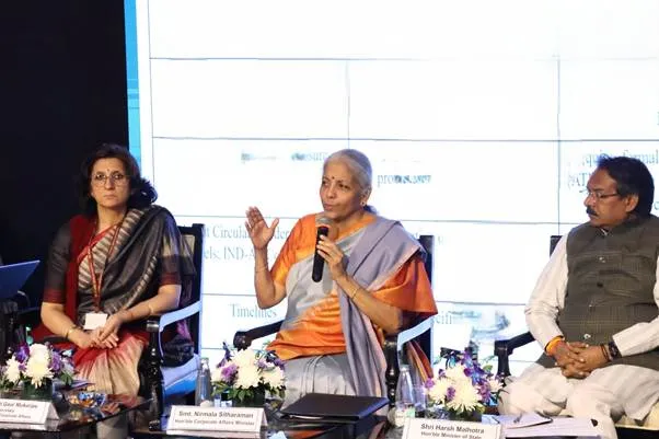 Union Finance Minister Nirmala Sitharaman speaking while chairing a review meeting with Regional Directorates and Registrar of Companies under Ministry of Corporate Affairs in New Delhi, flanked by Minister of State Harsh Malhotra.