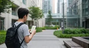 A young man with short black hair, wearing a gray T-shirt and black backpack, stands on a paved outdoor walkway lined with green shrubs and trees, in front of modern glass high-rise buildings under a clear sky. He holds a large smartphone in his right hand, viewing the screen attentively.