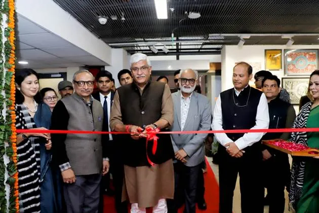 Union Minister of Culture and Tourism Gajendra Singh Shekhawat inaugurates an exhibition at Indira Gandhi National Centre for the Arts (IGNCA) in New Delhi by cutting a red ribbon during the closing ceremony of the ‘Hamara Samvidhan – Hamara Swabhiman’ campaign commemorating 75 years of the adoption of the Constitution of India.