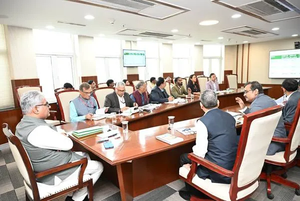 Union Environment Minister Bhupender Yadav chairing a high-level review meeting with senior officials and Principal Chief Conservators of Forests from Haryana, Rajasthan, Uttar Pradesh and NCT Delhi on district-wise greening strategy for Delhi-NCR in New Delhi.