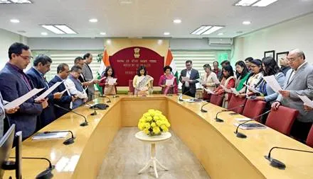 Union Health Secretary Punya Salila Srivastava and officers of the Ministry of Health and Family Welfare reading the Preamble of the Indian Constitution during Constitution Day celebrations at Nirman Bhawan, New Delhi on November 27, 2025.