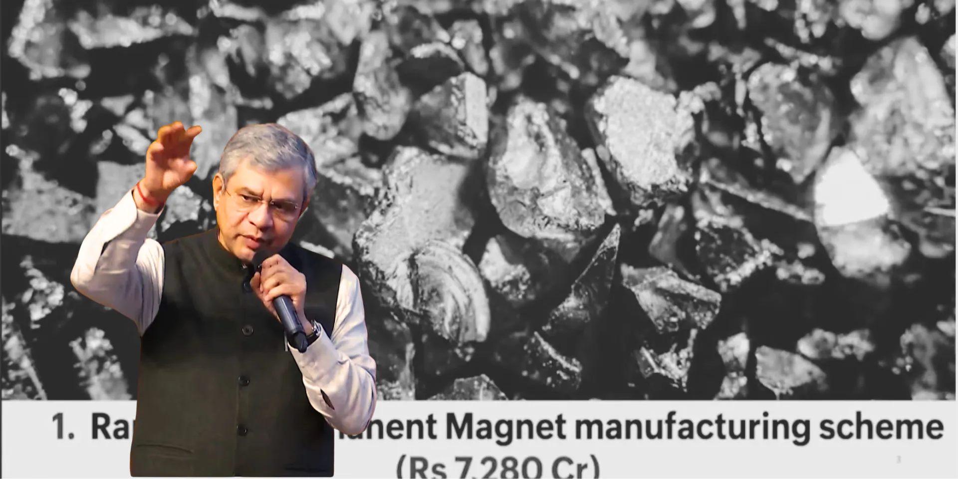 Union Minister Ashwini Vaishnaw addresses an audience while announcing the Rs 7,280 crore Scheme to Promote Manufacturing of Sintered Rare Earth Permanent Magnets in India