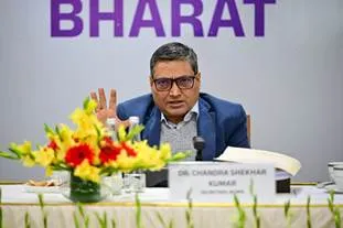 Dr Chandra Shekhar Kumar, Secretary of Ministry of Minority Affairs, speaking and gesturing while chairing the National Review Meeting on Pradhan Mantri Jan Vikas Karyakram (PMJVK) at Vanijya Bhawan, New Delhi.