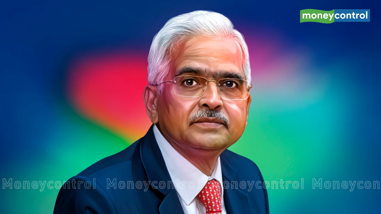 Portrait of Reserve Bank of India Governor Shaktikanta Das against Indian tricolour background, published by Moneycontrol.