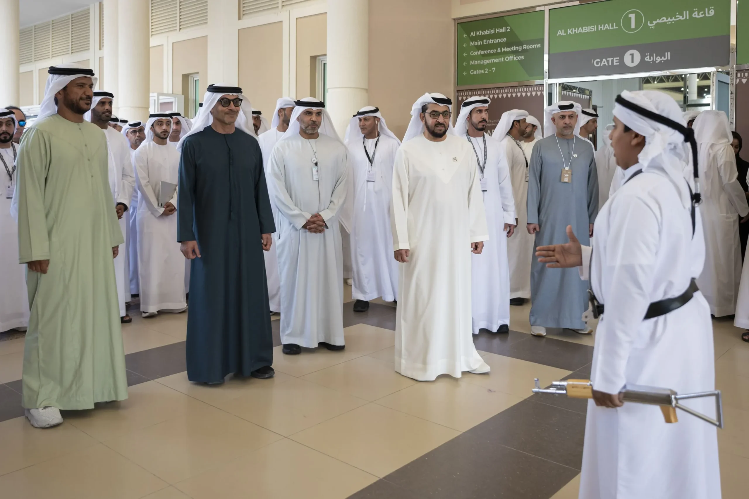Sheikh Hamdan bin Zayed Al Nahyan and Sheikh Hazza bin Zayed Al Nahyan tour the inaugural Al Ain International Hunting and Equestrian Exhibition at ADNEC Centre Al Ain, accompanied by dignitaries and greeted by honour guard.