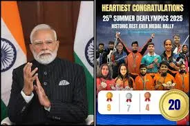 Split image: Left side shows Prime Minister Narendra Modi clapping and congratulating; right side shows Indian Deaflympics team in orange jackets celebrating with the text "Heartiest Congratulations 25th Summer Deaflympics 2025 Historic Best Ever Medal Tally" and medal breakdown of 9 gold, 7 silver, 4 bronze totaling 20 medals.