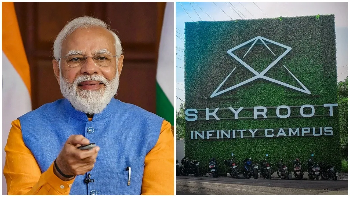 A split-image composite featuring Indian Prime Minister Narendra Modi on the left, dressed in a blue kurta and orange jacket, standing before the Indian national flag, smiling and holding a remote control device; on the right, the green entrance wall of Skyroot Aerospace's Infinity Campus in Hyderabad, displaying the white company logo and text "SKYROOT INFINITY CAMPUS" on a vertical garden backdrop, with parked motorcycles in the foreground.