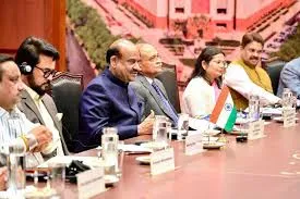 Lok Sabha Speaker Shri Om Birla shakes hands with H.E. Ms. Annita Demetriou, President of the House of Representatives of Cyprus, during a bilateral meeting with the Cypriot parliamentary delegation in Parliament House, New Delhi.