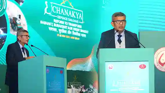 Indian Defence Secretary Rajesh Kumar Singh and Chief of the Army Staff General Upendra Dwivedi speaking at the podium during the inaugural session of Chanakya Defence Dialogue 2025 at Manekshaw Centre, New Delhi.