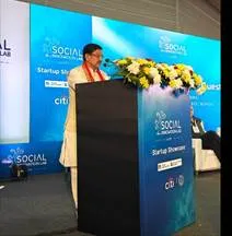 Minister of State Tokhan Sahu speaking at the podium during the launch of the second cohort of Swachhata Startups at the Swachhata Startup Conclave held in New Delhi on 24 November 2025.