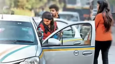 Three young people, including two women and one man, getting into or standing next to a white taxi with orange and green stripes on a street, illustrative of taxi and private hire vehicle usage in the UK.